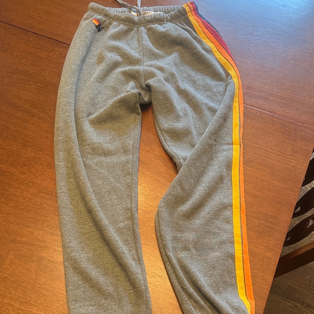 Aviator Nation gray sweatpants with 5 color stripe